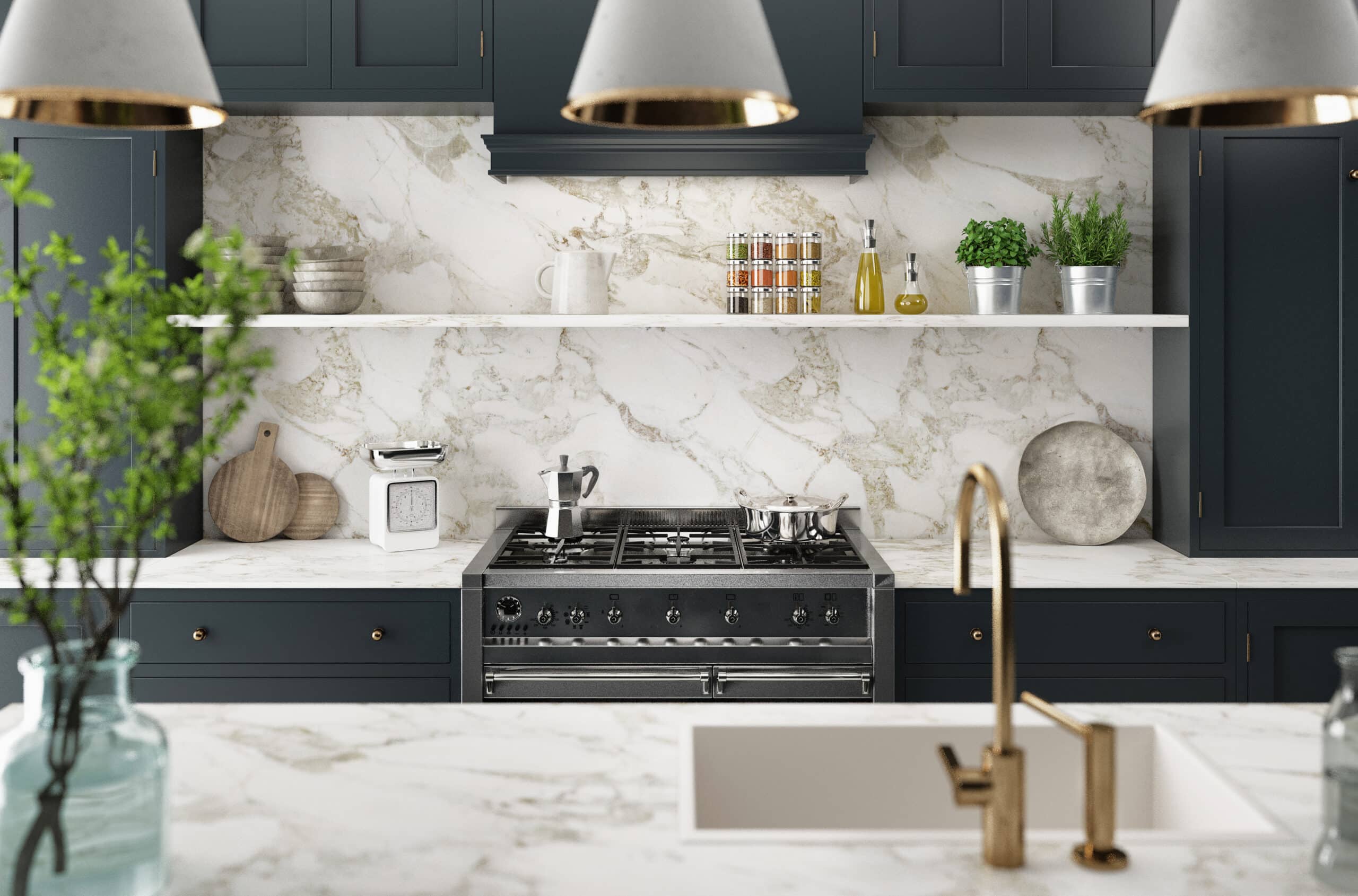 a kitchen with a marble counter top and a black stove